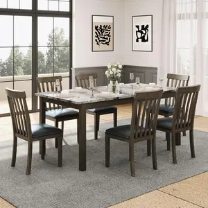 AMERLIFE 7-Piece Dining Table Set with 6 Chairs,Modern Solid Wood Dining Table Set with 6 Upholstered Chairs,71'' Marble kitchen table&Chair Set for 6 People,Marble&Brown