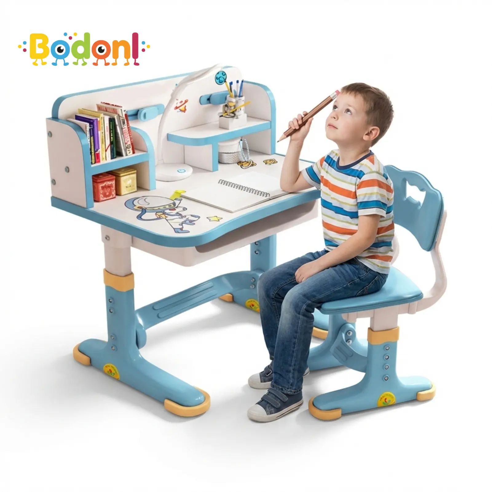 Kids Ergonomic Adjustable-Height Study Table & 1 x Chair Furniture Set - Widened Desktop, Multi-Compartment Storage Drawer, Cartoon Pattern, Waterproof, Metal & Plastic Children's Furniture