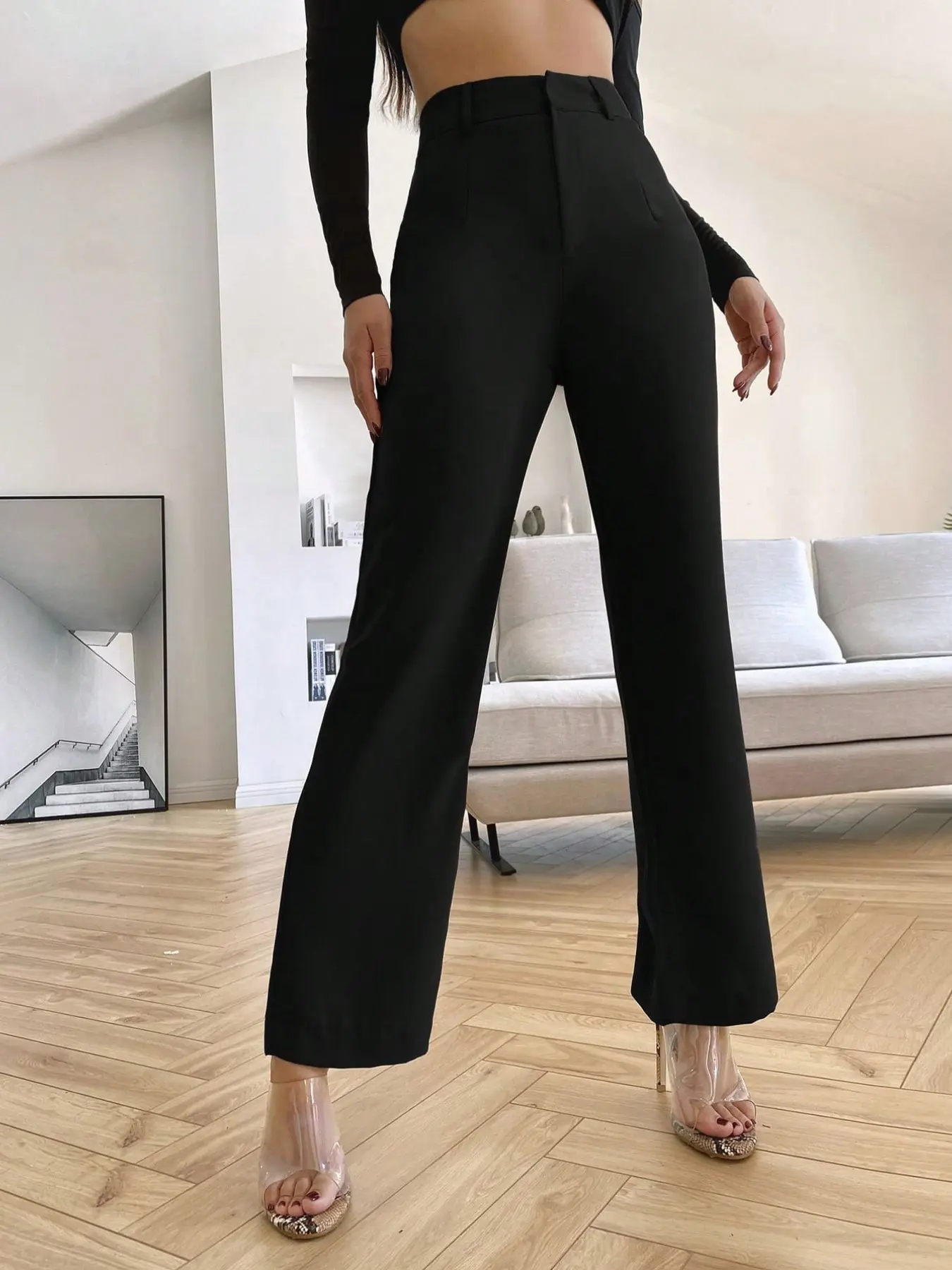 1 piece of women's all-season basic pure black high-waist slim Fit bootcut trousers suit and casual pants Womenswear for commuting to the workplace, suitable for office, vacation, home, daily wear, festivals, and four seasons