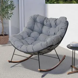 Grand patio Rocking Chair Outdoor, E-Coated Papasan Rocking Chair with Cushion, Outdoor Oversized Recliner Rocker for Patio Porch Garden Backyard, Grey
