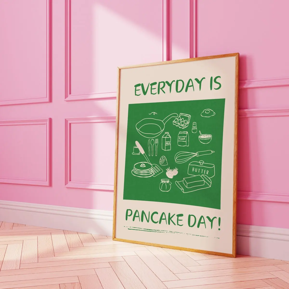 Pancake Lover Kitchen Wall Art, Hand Drawn Butter Strawberries Prints, Foodie Drawing Decor, Green Food Print, Modern Minimalist Art, Unframed