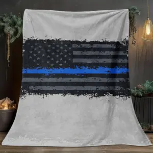 1pcs Blue Line Flag Symbolizing Theme Flannel Blanket, Digital Print, Sofa Bed Cover Blanket, Skin-Friendly And Soft, Machine Washable Blanket, Suitable For Birthday And New Year Gifts All Year Round