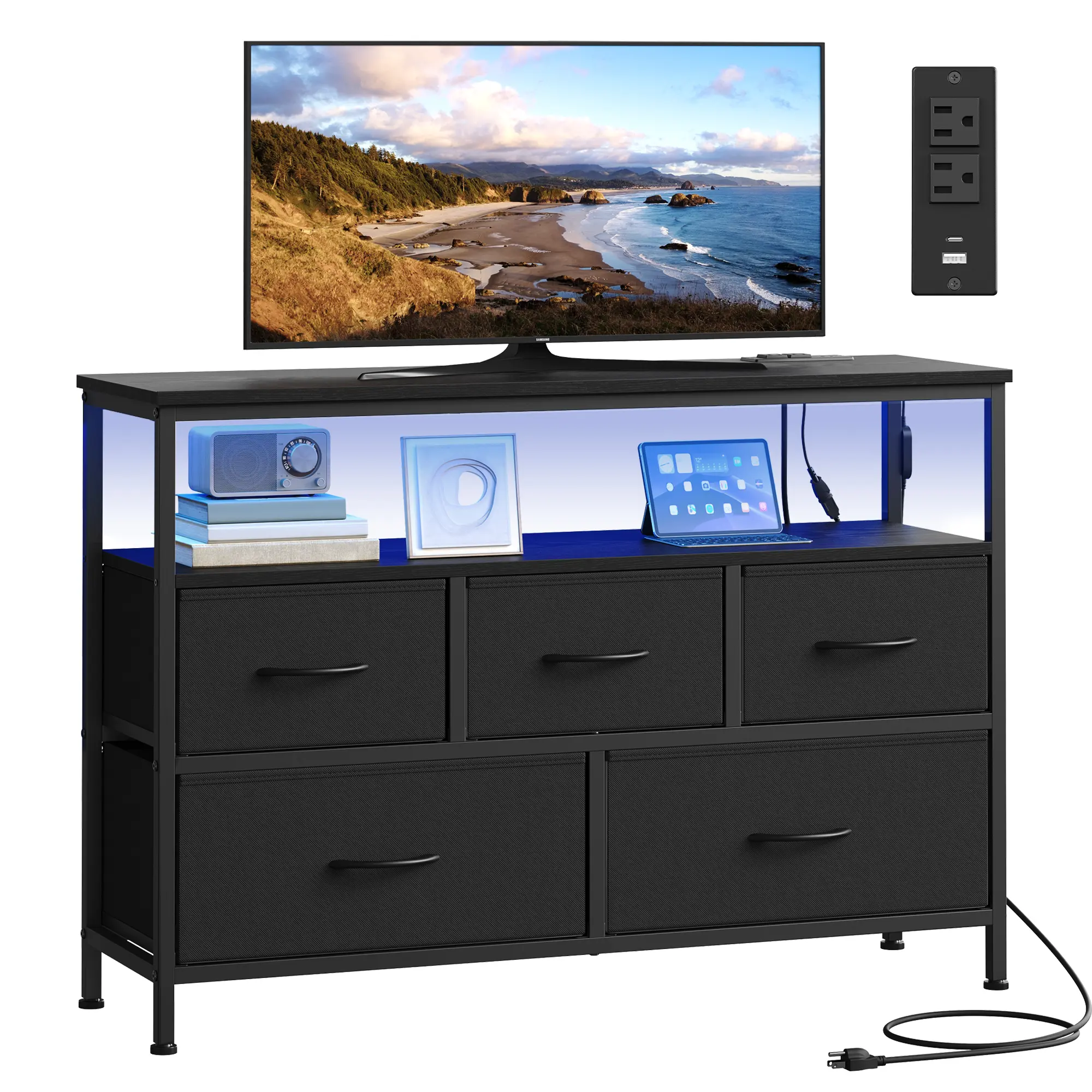 SONGMICS Dresser for Bedroom, 5-Drawer Indoor Cabinet with App-Controlled LED Lights, Charging Station, Shelf, Modern TV Stand