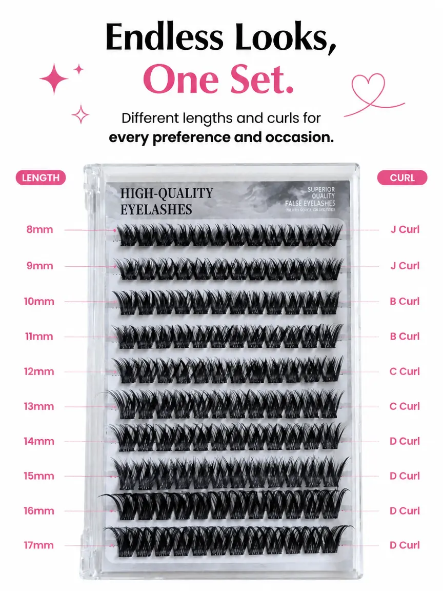 Mixed Length Cluster Lashes 8-17mm Multi Curl DIY Individual False Eyelashes, Fluffy Invisible Band Segmented Lash Extensions for Daily Party Makeup