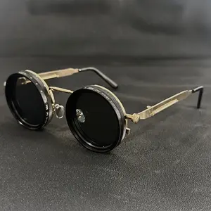 Men's Vintage Steampunk Spinner Glasses, Adjustable Brightness Alloy Frame with Black Gray Gradient Lenses, Interchangeable Lens System, Boho Style Eyewear Accessory for Parties & Casual Wear