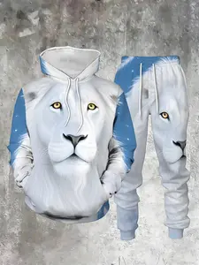 Men's Fall Winter Hoodie Set, Sweatsuit Set, Snow Leopard 3D Full Print, Sporty Fitted Long Sleeve, Ankle Length Pants, Natural Waist, Medium Length