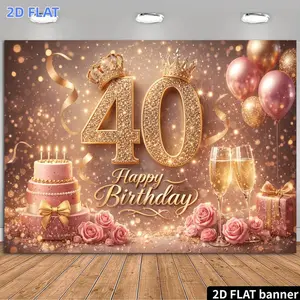 2D Flat Banner 1pc, 40Th Birthday Pink Golden Theme Backdrop Shimmering Number 40 Design Featuring Crown 3-Tier Birthday Cake Champagne Flute Pink Golden Balloons Rose Decorations Light Luxury Premium Style Durable Material No Pow