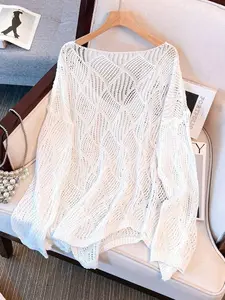 Women's V-Neck Hollow Rhombus Design Loose Knit Cover Up Airy Breathable for Beach Resort Wear Spring Summer Vacation White Crochet Semi-Sheer Long Sleeve