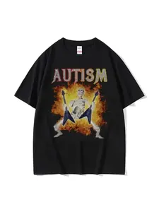 Autism funny skeleton fan pattern short sleeved T-shirt, sweat wicking, breathable, fashionable Gothic retro T-shirt, men's O-neck Y2k oversized short sleeved T-shirt, suitable for both men and women