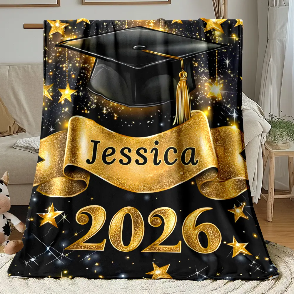 Personalized 2026 Graduation Throw Blanket - Custom Name, Black & Gold Cap & Star Themed, Soft Fluffy Lightweight Banner Blanket for Graduates, Anti-Pilling Washable Decorative Textile