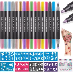 Temporary Tattoo Markers for Skin, 16 Colors Dual-End Skin Tattoo Pens with 80 Tattoo Stencils, Matte & Metallic Body Markers for Kids Teens and Adults, Flexible Brush Tip, Cosmetic-Grade