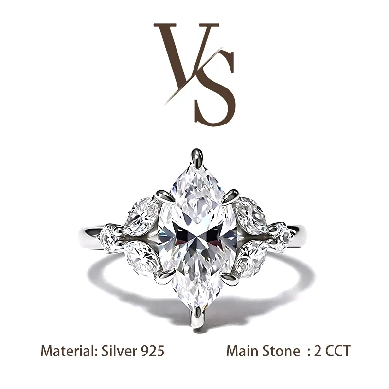 [Venus Jewelry] Synthetic Moissanite 2 CCT Marquise Flower Band Design VVS 1 D Color Solid Silver 925 Solitare Ring