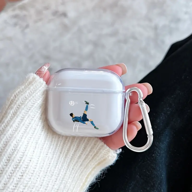 Footballer's Aerial Grace Pattern Protective Case for AirPods 4/3/2/1/Pro/Pro2 Soft TPU Earphone Cover, Transparent with Keychain