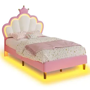 SIKAIC Girls Twin Bed Frame with Princess Crown LED Velvet Upholstered Platform Pink Adjustable Cloud Headboard Bedroom Bedframe