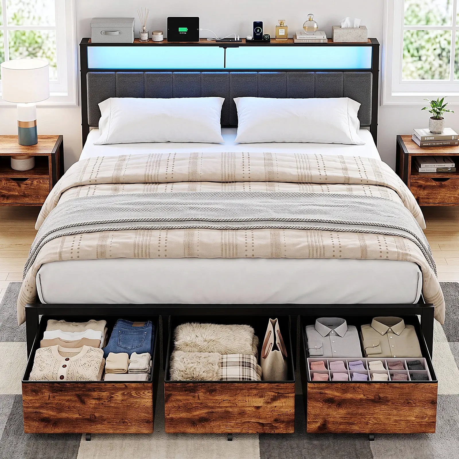 【NEW】  DAYAGO Rustic Industrial Bed Frame with Storage, RGB LED Lights & Charging Station, Upholstered Headboard, 2 Rolling Drawers, Heavy Duty Metal Platform Bed, No Box Spring Needed,  Elegant bed frames,  Aesthetic BED