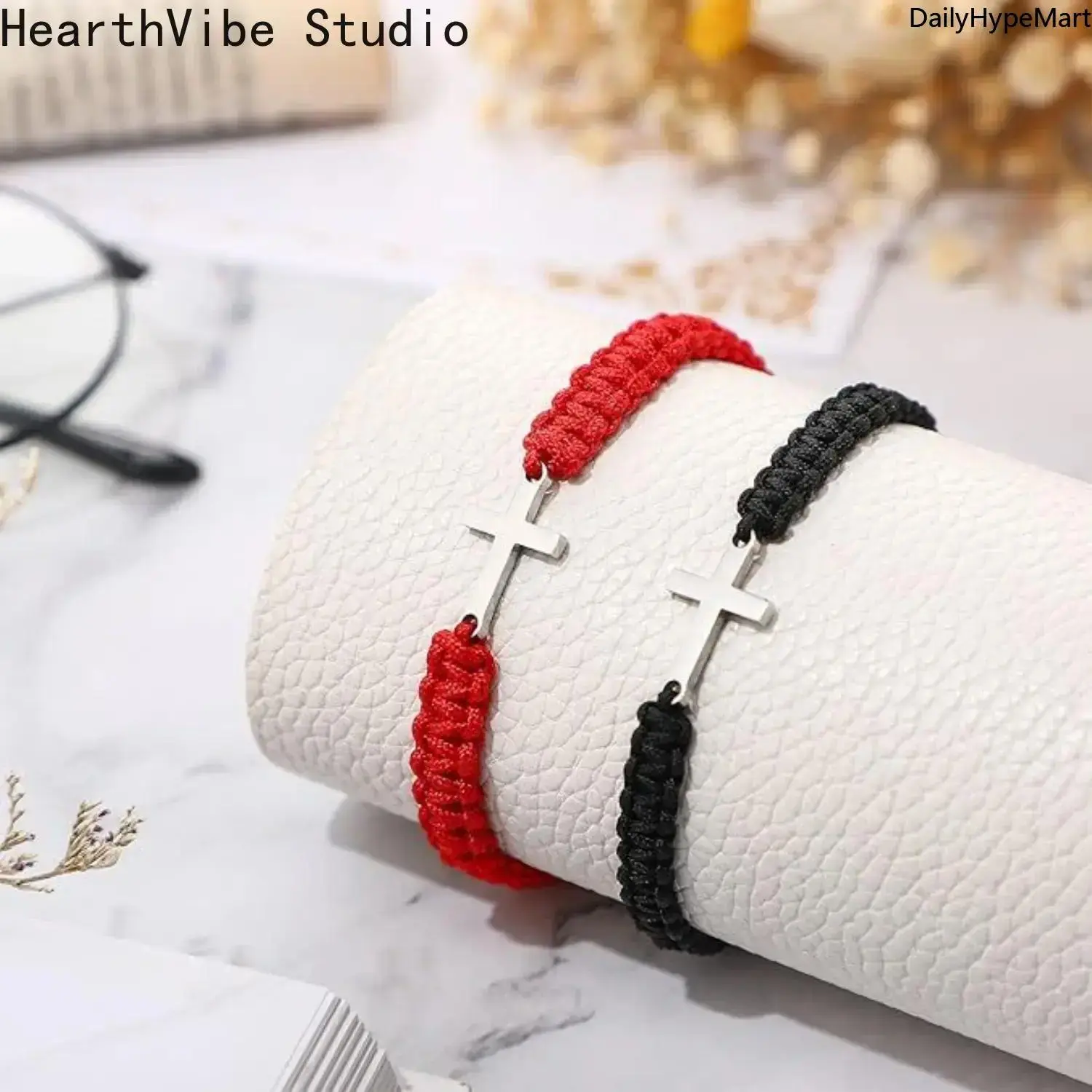 Minimalist Cross Bracelets Set, Hand-Woven Polyester Cord Adjustable Slider Bracelets, Religious Jewelry Gift for Couples, Fashion Accessories