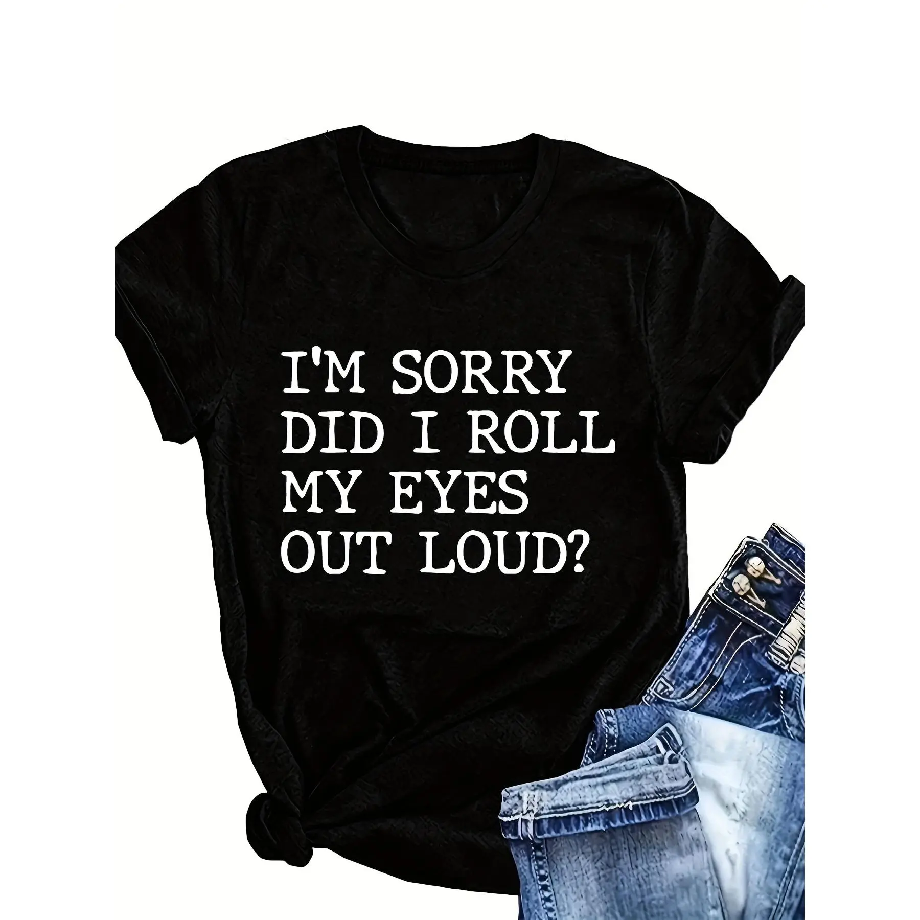 Women's Humorous Statement 'Roll My Eyes Out Loud' Graphic T-Shirt, Soft Cotton-Blend Round Neck Short Sleeve Casual Loose Fit Top, Humorous Statement Women's T-Shirts