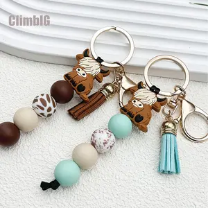 [Highland Cow Keychain] Cute Highland Cow Silicone Beaded Keychain with Tassel | Cartoon Punk Style, Animal Theme, Lobster Clasp, Decorative Backpack Accessory, Car Key Anti-Lost Chain | Ideal Gift for Friends and New Year Festivities