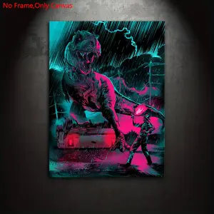 1 piece/set frameless canvas painting print poster, classic synthwave style digital illustration art, T-Rex attacking tourists, ideal gift for bedroom, living room, wall decor, Canvas Prints