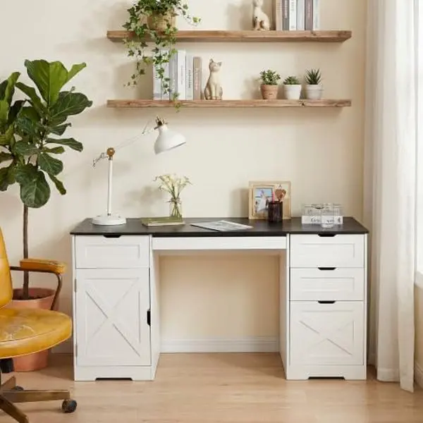 Garvee 59" Farmhouse Executive Office Desk, Computer Desk with 4 Drawers - Built-in Charging Station - Keyboard Tray - Adjustable Shelves, Storage Desk for Home Office, White/Black Tabletop