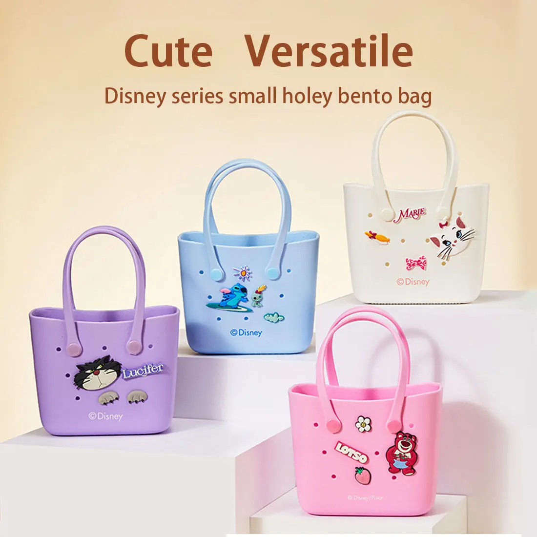 MINISO Disney Mini EVA Hole Tote Bag, DIY Charms Decor Small Handbag, Waterproof Portable Bento Lunch Bag, Lotso / Stitch / Duchess / Lucifer Multi‑SKU for Girls