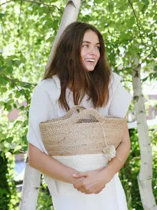 Kata Colorblock Handwoven Jute Basket Set - Natural & White Decorative Organiser for Shelf Storage, Home Supplies Organizer