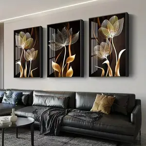 3pcs Nordic Abstract Plant Frameless Hanging Painting, Black and Gold Flower Art Poster, Wall, Living Room, Bedroom Decoration Painting