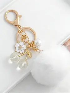 Cherry Blossom Pom Pom Bag Charm Pendants – Sweet Keychain & Bag Pendant with Cherry Charms, Soft Bag Decoration & Bag Chain Charms for Backpack Purse, Ideal for Kawaii Floral Lovers & Daily Casual Look