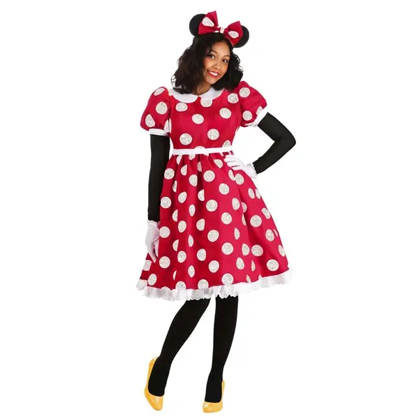 HalloweenCostumes Officially Licensed Disney Minnie Mouse Costume for Adults, Deluxe Red Polka Dot Style Dress with Spandex Leggings, Gloves & Ears