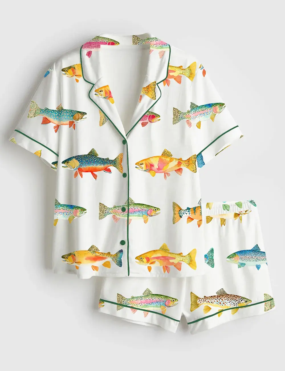 Women’s Watercolor Trout Fish Outdoor Fishing Art Long and Short Sleeve Pajama Set