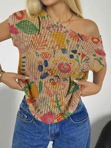 Spring Summer Women's Beach Vacation Style Asymmetric Neck Shoulder Reveal Batwing Sleeve Semi-Transparent Lace, Floral Print Knit Top