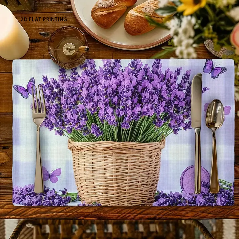 2D flat printing, 2-piece/4-piece 6-piece set, lavender butterfly placemat - heat-resistant table mat, elegant lilac pattern, suitable for kitchen, restaurant or gift use, rustic style, hand washable, great gift item