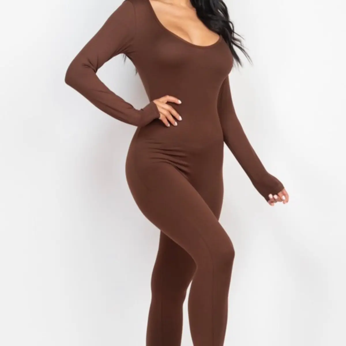 Long sleeve jumpsuit - Chocolate  Brown