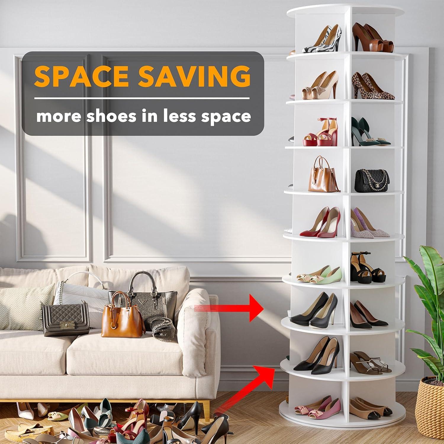 9-tier / 8-tier / 7-tier shoe cabinet Rotating Shoe Rack Tower, 360° Spinning Shoe Rack, Revolving Storage Round Carousel Display, Freestanding Lazy Susan Organizer Display for Bedroom, Living Room, Entryway, Closet, White