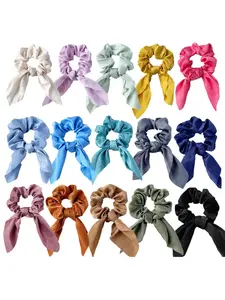 15-Pack Satin Bow Hair Ties Scrunchie Rabbit Ears Ponytail Holders Flower Hair Bands Rubber Bands Hair Accessories Bunny Earbands for Daily Wear