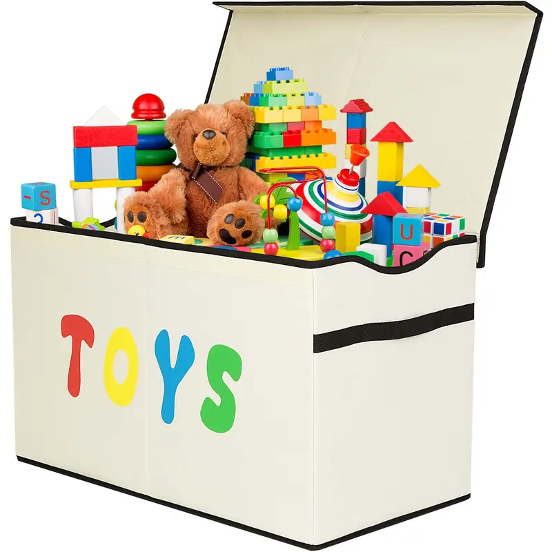 VICTORICH Large Rectangular Folding Storage Bin - Sturdy Child-Friendly Safety Box with Lid, Soft Handles, Multifunctional Decorative Organizer for Kids' Bedroom, Linen, Laundry Baskets, Household Items