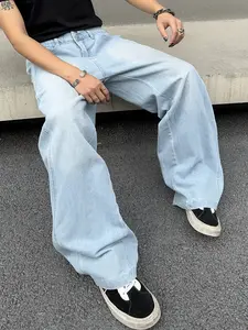 YUJSXI Menswear Vintage Washed Distressed Patchwork Denim Pants with Multiple Pockets Loose Fit Street Style Workwear for Casual Outings Beige Grey Plain Trouser