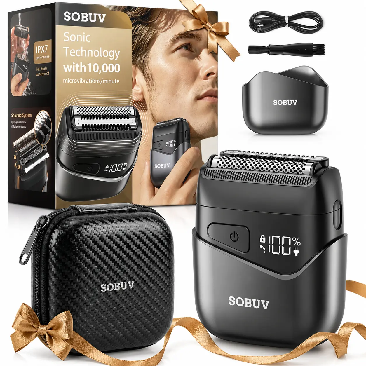 SOBUV Electric Foil Shaver for Men with Free Travel Storage Bag Included, IPX7 Waterproof Compact Face Shaver, Wet Dry USB-C Rechargeable Razor for Daily Grooming，Father's Day gifts, Halloween gifts, Christmas gifts