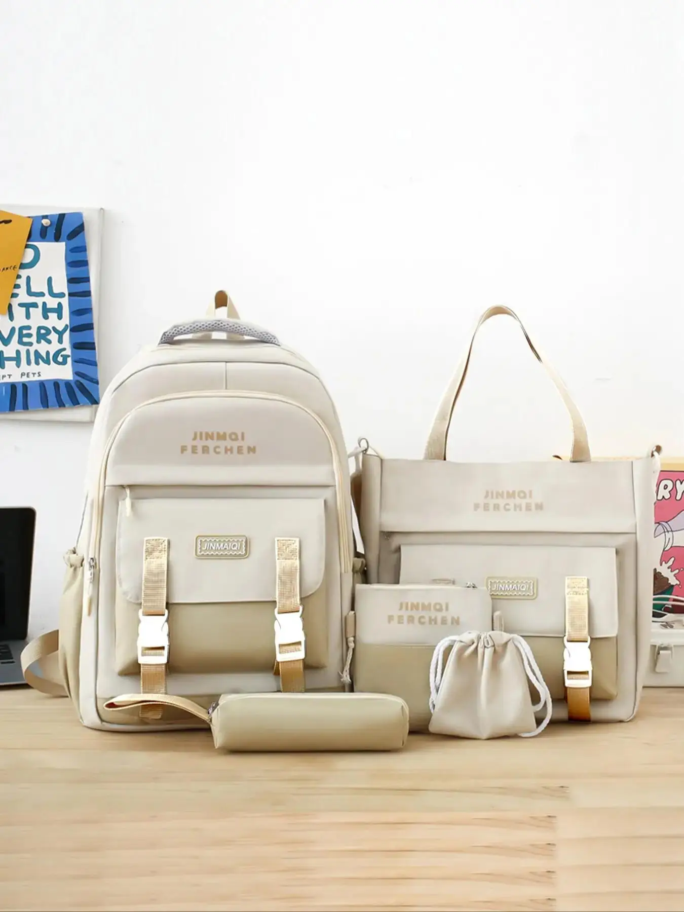 Release Buckle Design Letter Pattern Nylon Backpack Set for Summer, Travel Essentials, Backpack with Square Bag, Shoulder Bag, Drawstring Bag, Pen Sto