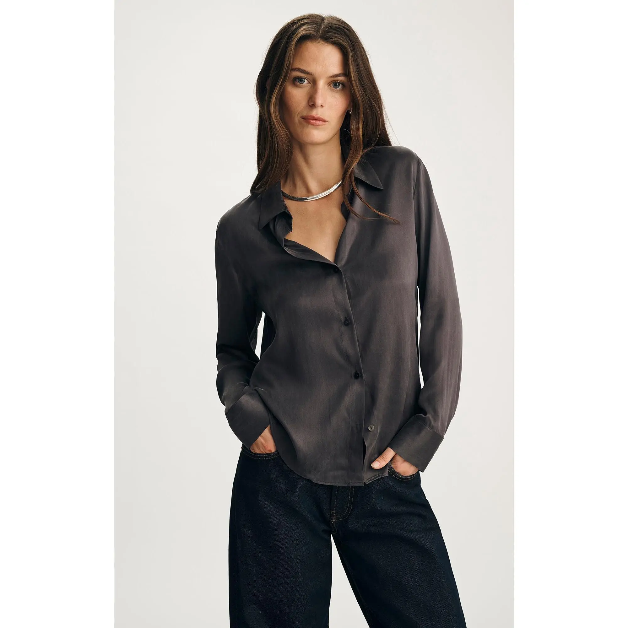 Women's 100% Silk Slim-Fit Fitted Button-Up Blouse - Phantom Color, Elegant Plain Top with Stylish Look for Polished Dressed-Up Occasions