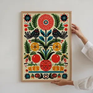 [UNFRAMED POSTER] Vintage Scandinavian Folk Art Print Boho Bird Poster Modern Cottagecore Botanical Artwork Scandi Style Geometric Digital Print
