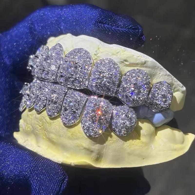 8 Top 8 Bottom 925 Sterling Silver Jumbo center stone Custom Lab Diamond Cvd Perm Cut Grillz