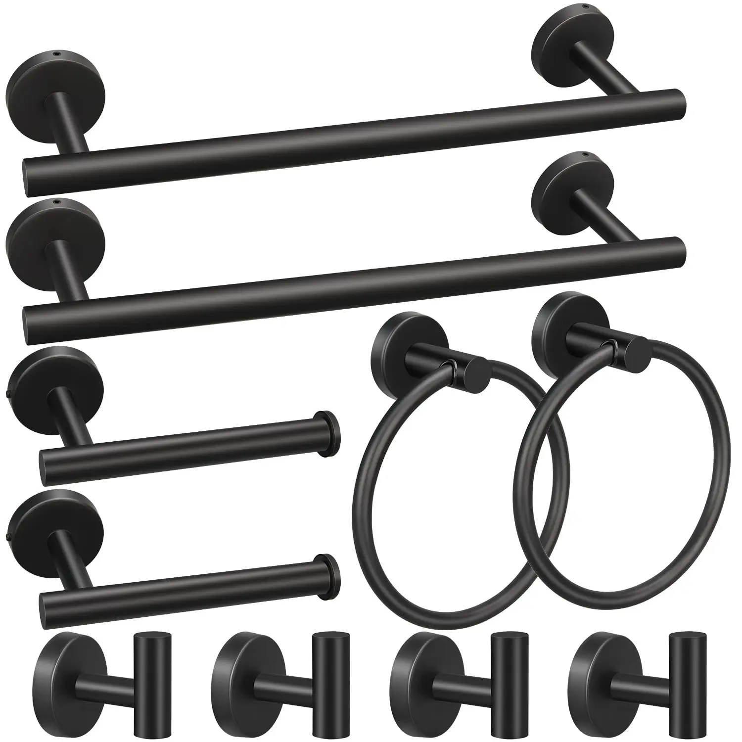 Bathroom Hardware Set, Including 16" Hand Towel Bars, Toilet Paper Holders, Towel Rings, Robe Towel Hooks (10pcs 16" Black)