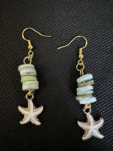 Sea Babe Star Fish Dangle Earrings with Gold Hooks and Sea Shell Beads Decorative Accessories