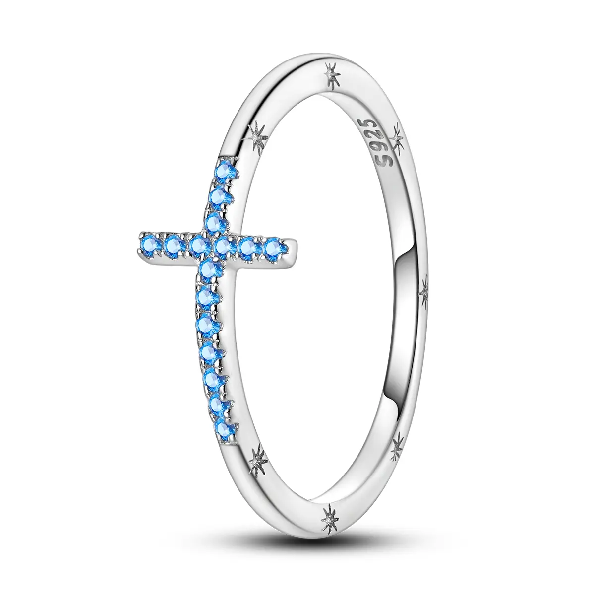 MULA Sea Blue Cross Ring - 925 Sterling Silver 925 Stamp Crossdesign Ring, Bezel Setting Zircon-Inlaid Double Plated Platinum Engraved Crosses Jewelry for Believers & Special Occasions, 925 Stamp Rings, Bezel Setting Rings