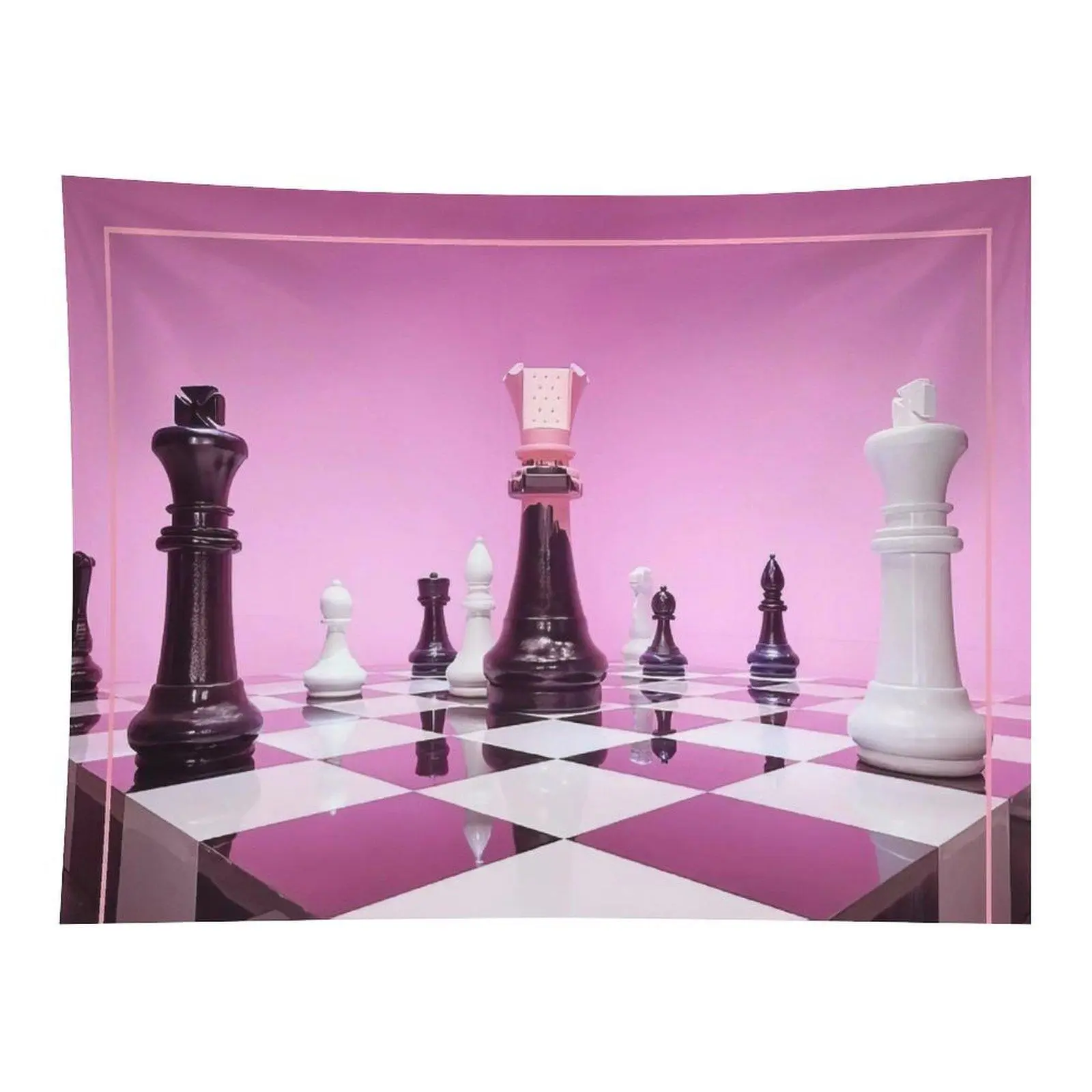Modern Giant Chess Pieces Wall Tapestry Pink Background Aesthetic Checkerboard Game Art For Living Room Teen Bedroom Decor