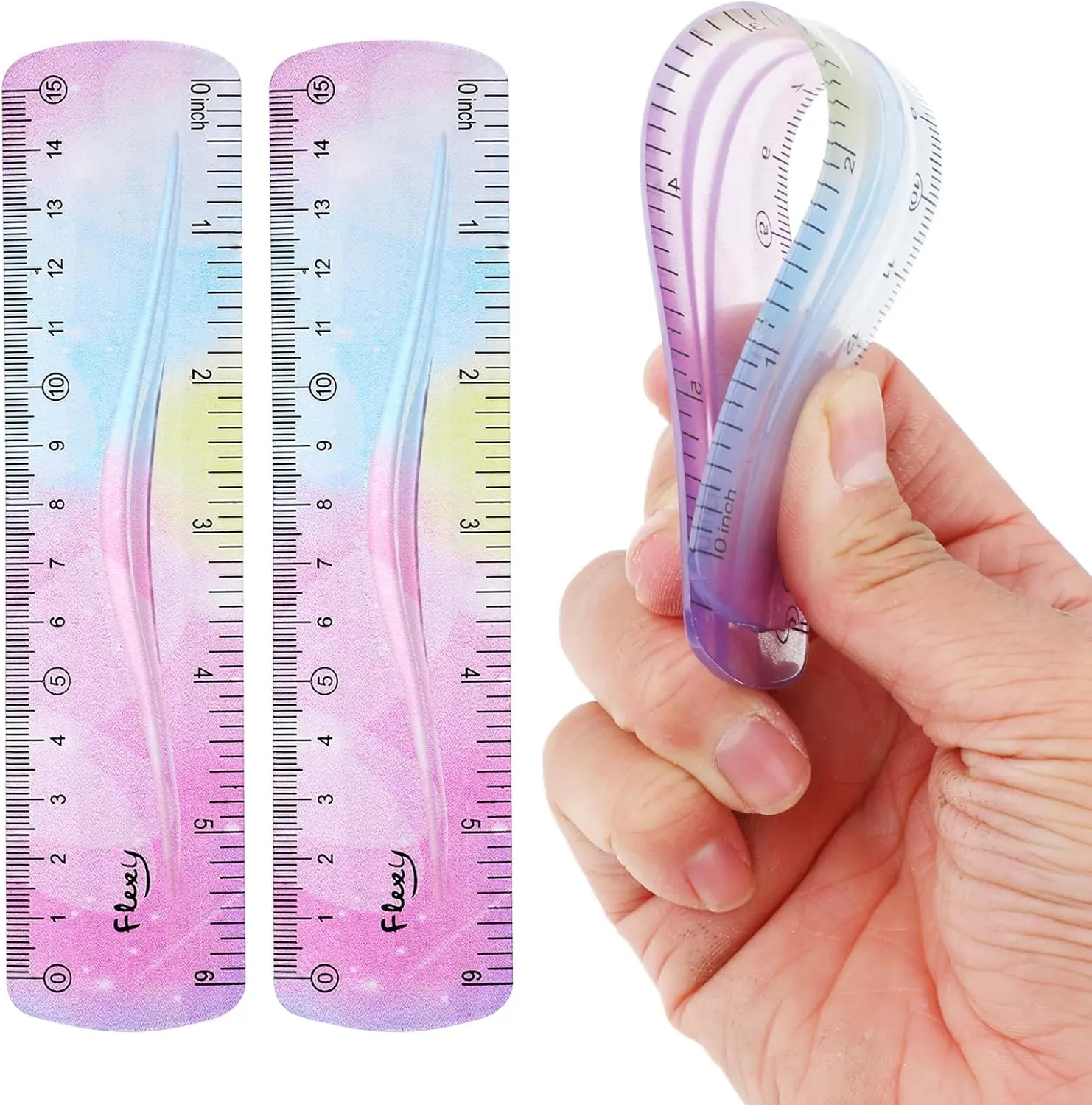 2-Piece Flexible Plastic Ruler Set, 15cm/6inch Shatterproof Soft Bendable Straight Edge Rulers for Office School Supplies, Visual Learning Tools (Ideal for Students, Adults)