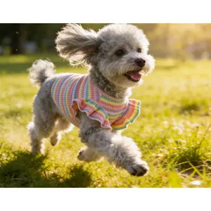 Rainbow Stripes Knitted Princess Vest T-Shirt for Dogs - Ruffle Detail, Cap-Sleeve, Thin Fabric Material, Easy Clean, Outdoor & Fashionable Party Use, Comfortable Pet Clothing