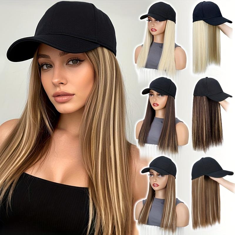 Women's synthetic hat wig, long straight black hair, baseball cap with hair attachment, stylish and convenient all-in-one design.