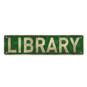 Library Vintage Green Camo Rustic Long Metal Street Sign Book Nook Reading Room Wall Hanging Plaque 4x16in